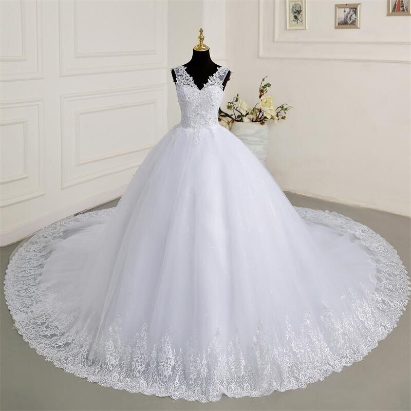 순수한 흰색 민소매 웨딩 드레스, 2023 년 새로운 클래식 v넥 Vestido De Noiva, 대형 기차 럭셔리 레이스 로브 드 Mariee